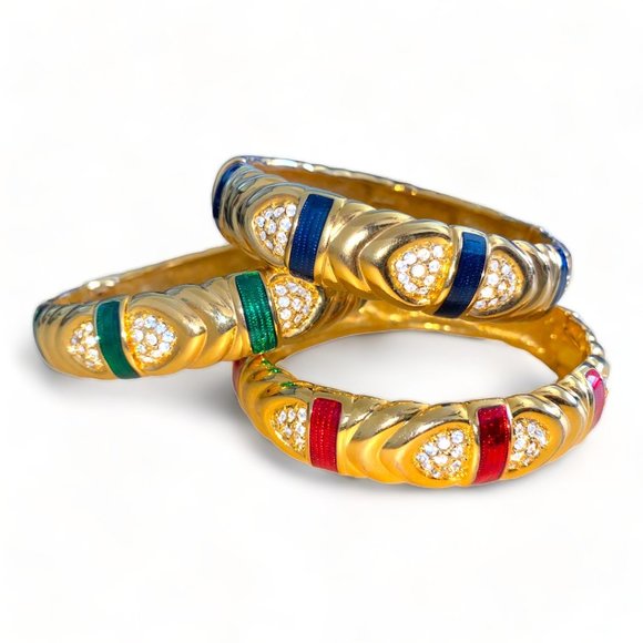 Joan Rivers | 3 Vintage Gold & Enamel Bangle Bracelets w/ Rhinestones - Picture 2 of 5